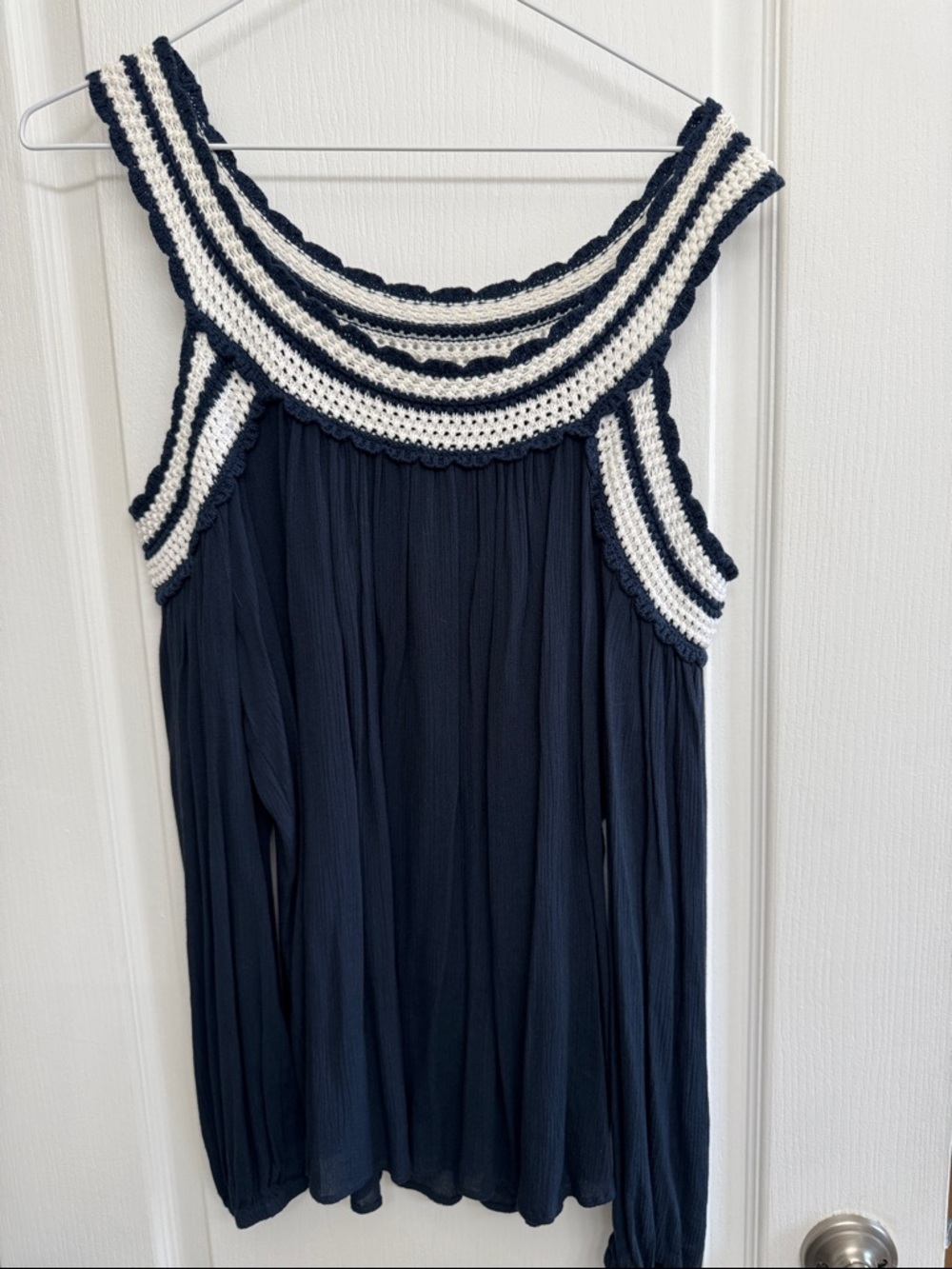Jane and Delancey Navy and White Crochet Yoke Tank Size M EUC